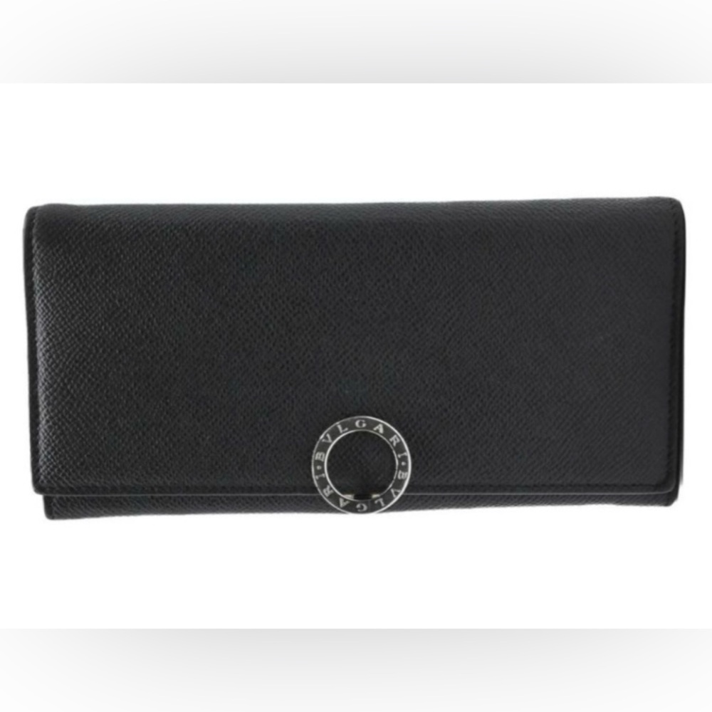 “BVLGARI” 🇮🇹 BLACK CALF SKIN LEATHER BI-FOLD LONG WALLET.  EUC